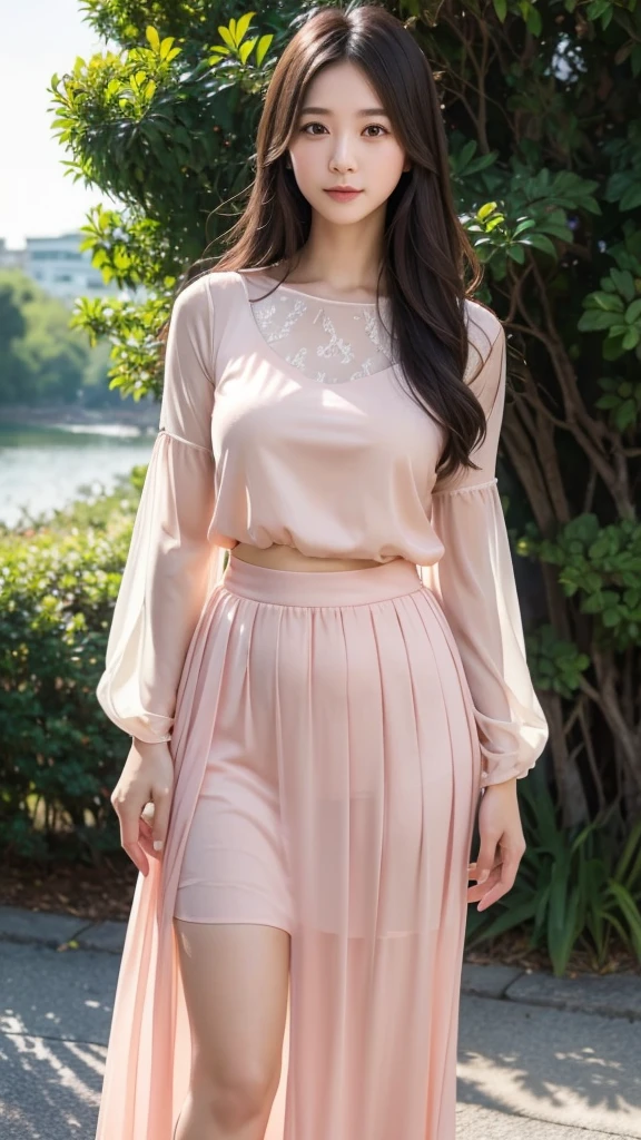 Salmon pink maxi skirt  、Sheer blouse、(Highest quality)、((Very detailed))、4K、(8K)、masterpiece、Very detailedな、Highest quality、Super Resolution、One person、Kind Face、Soft Light、RAW quality、Soft Skin、all、Thighs、163cm、squirt:2