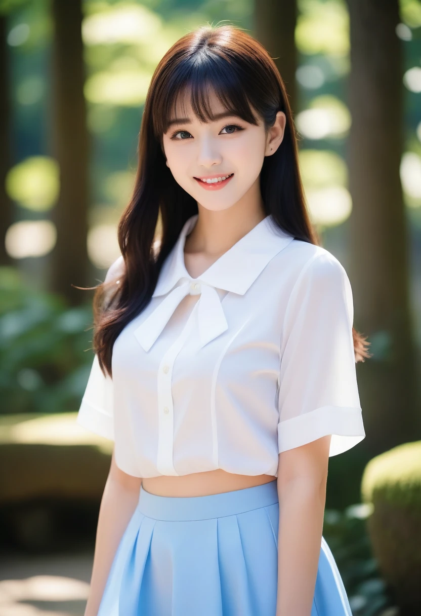 8K, Ultra-high resolution, Highest quality, masterpiece, 三分割法によるphotograph,Surreal, photograph, 1 girl, (:1.3), pretty girl, Cute face, Beautiful eyes in every detail, 細かくdetailedに,masterpiece,, One Girl:1.2, Japan Female Announcer,whole body、Black Hair、well-groomed eyebrows、Cute Lip Makeup,garden,squirt,summer,Sparkling sunlight,Blouse with collar,Pencil Skirt,Cute gestures、so beautiful,A carefree smile,Healing the heart,blunt bangs,Looking at the audience、beauty,Long neck、Laugh a little、Please close your mouth and laugh、(((Ideal body type))),A-cup small breasts :2,、Portraiture:2、Perfect Anatomy、鮮明なdetailed、detailed、Surreal、Light and shadow,Strong light