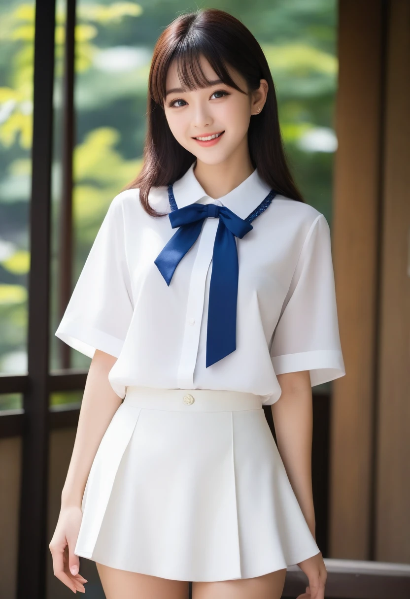 8K, Ultra-high resolution, Highest quality, masterpiece, 三分割法によるphotograph,Surreal, photograph, 1 girl, (16 years old:1.3), pretty girl, Cute face, Beautiful eyes in every detail, 細かくdetailedに,masterpiece,, One Girl:1.2, Japan Female Announcer,whole body、Black Hair、well-groomed eyebrows、Cute Lip Makeup,garden,squirt,summer,Sparkling sunlight,Blouse with collar,Pencil Skirt,Cute gestures、so beautiful,A carefree smile,Healing the heart,blunt bangs,Looking at the audience、beauty,Long neck、Laugh a little、Please close your mouth and laugh、(((Ideal body type))),A-cup small breasts :2,、Portraiture:2、Perfect Anatomy、鮮明なdetailed、detailed、Surreal、Light and shadow,Strong light