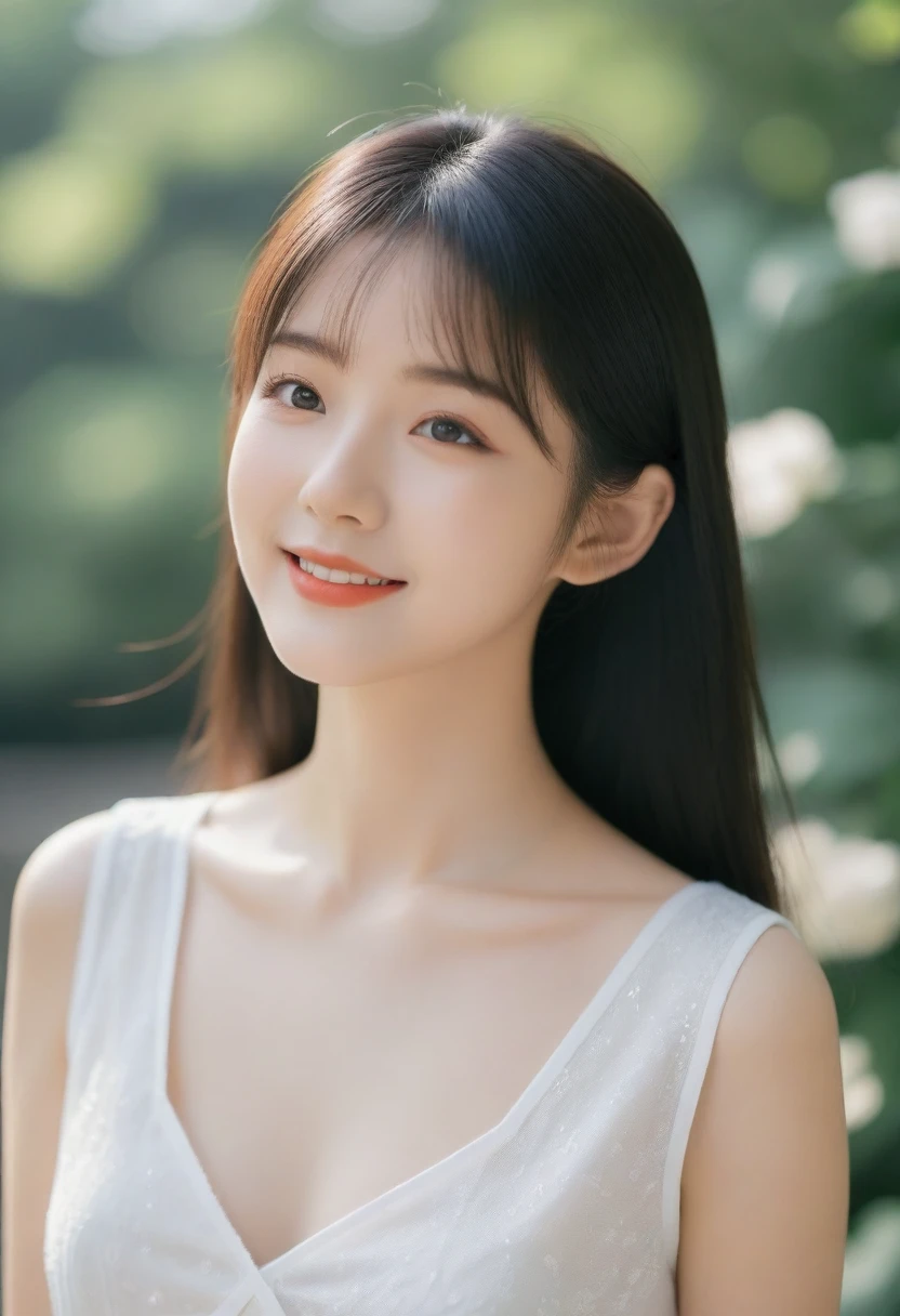 8K, Ultra-high resolution, Highest quality, masterpiece, 三分割法によるphotograph,Surreal, photograph, 1 girl, (:1.3), pretty girl, Cute face, Beautiful eyes in every detail, 細かくdetailedに,masterpiece,, One Girl:1.2, Japan Female Announcer,whole body、Black Hair、well-groomed eyebrows、Cute Lip Makeup,garden,squirt,summer,Sparkling sunlight,Blouse with collar,Pencil Skirt,Cute gestures、so beautiful,A carefree smile,Healing the heart,blunt bangs,Looking at the audience、beauty,Long neck、Laugh a little、Please close your mouth and laugh、(((Ideal body type))),A-cup small breasts :2,、Portraiture:2、Perfect Anatomy、鮮明なdetailed、detailed、Surreal、Light and shadow,Strong light