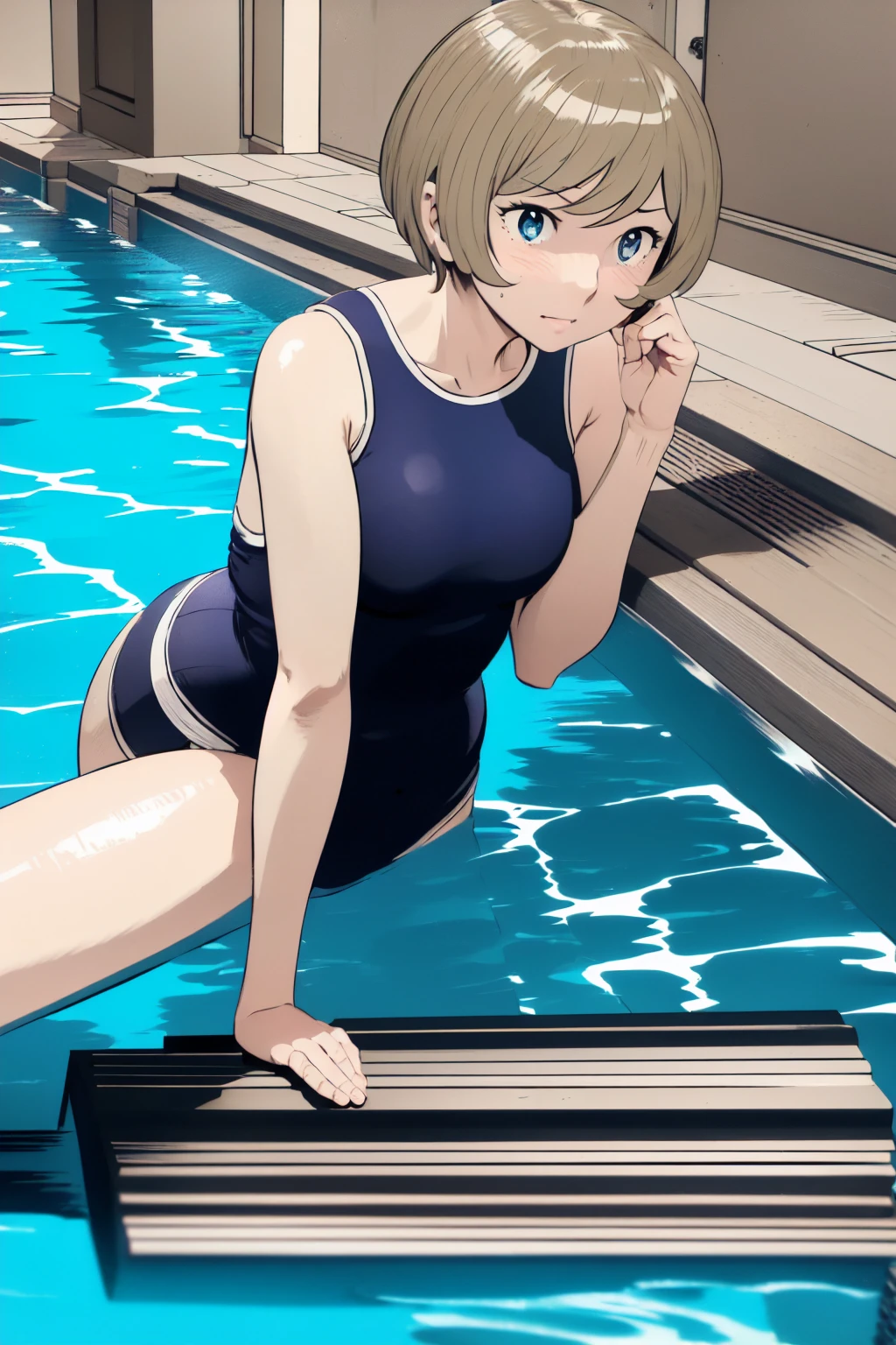 Blue school swimsuit、(masterpiece、Highest quality)、Highest quality, Ultra-high resolution, (((masterpiece))), alone, Sweat、Big eyes, Composition from the front、Shortcuts、Embarrassed face、Blonde、Cut your hair short、School swimming pool、short hair、Pussy Line、Browsing Caution、Butt