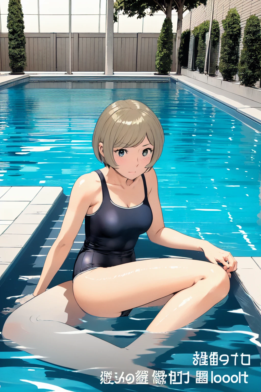 Blue school swimsuit、(masterpiece、Highest quality)、Highest quality, Ultra-high resolution, (((masterpiece))), alone, Sweat、Big eyes, Composition from the front、Shortcuts、Embarrassed face、Blonde、Cut your hair short、School swimming pool、short hair、Pussy Line、Browsing Caution、Butt