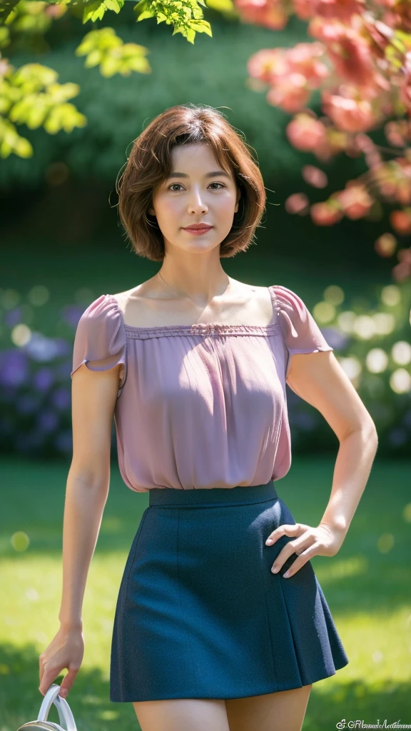 A high-resolution, realistic image of a beautiful woman in her 40s with a short haircut. She is dressed in a blouse and a mini skirt, exuding a delicate and sensual aura. The setting is a summer date, and the image should convey a subjective, personal perspective