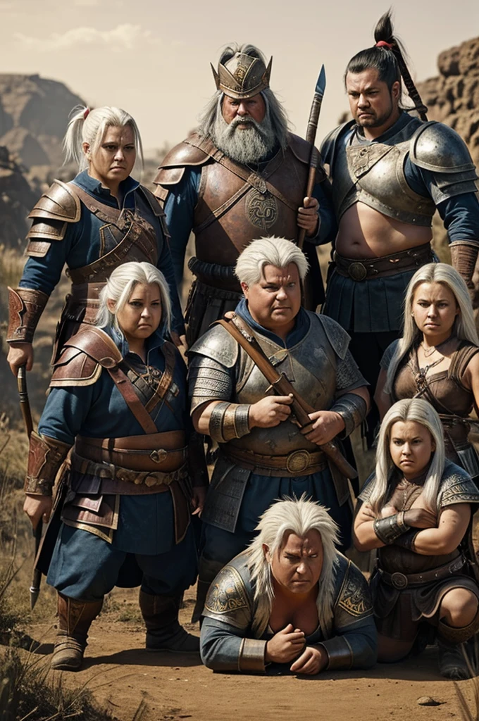 I want an image of an almost dead warrior leaning on his shield that has the word TECCNICAL. Three demons surround him, one short, fat, white hair, another with feminine features, and the other just as fat but twice as tall. All three want to kill the warrior. One has the word pikotin on the face