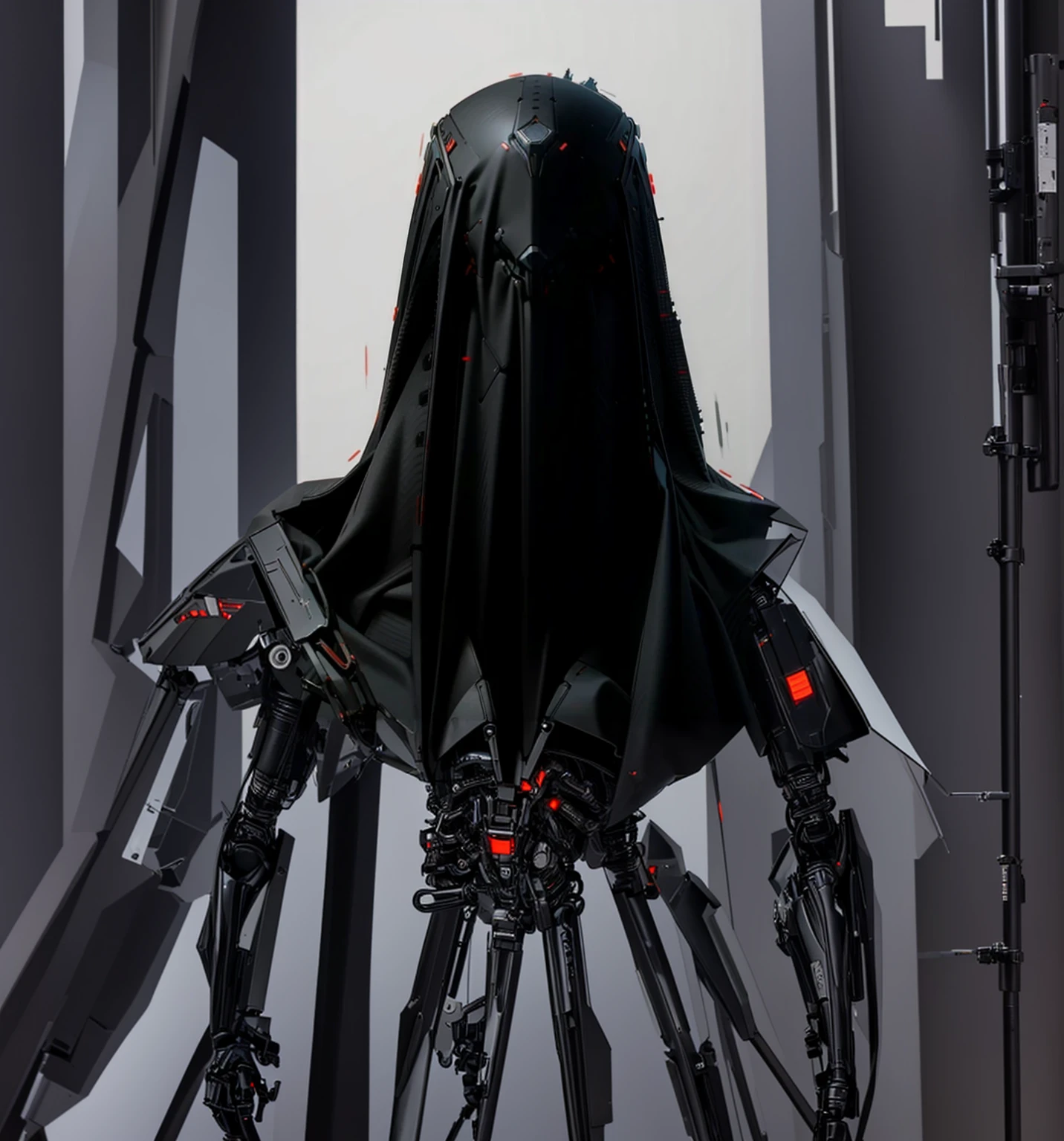 robot with wide shoulders, menacing frame, a white cloak over its mechanical body, black glossy metallic body, slim frame, slender