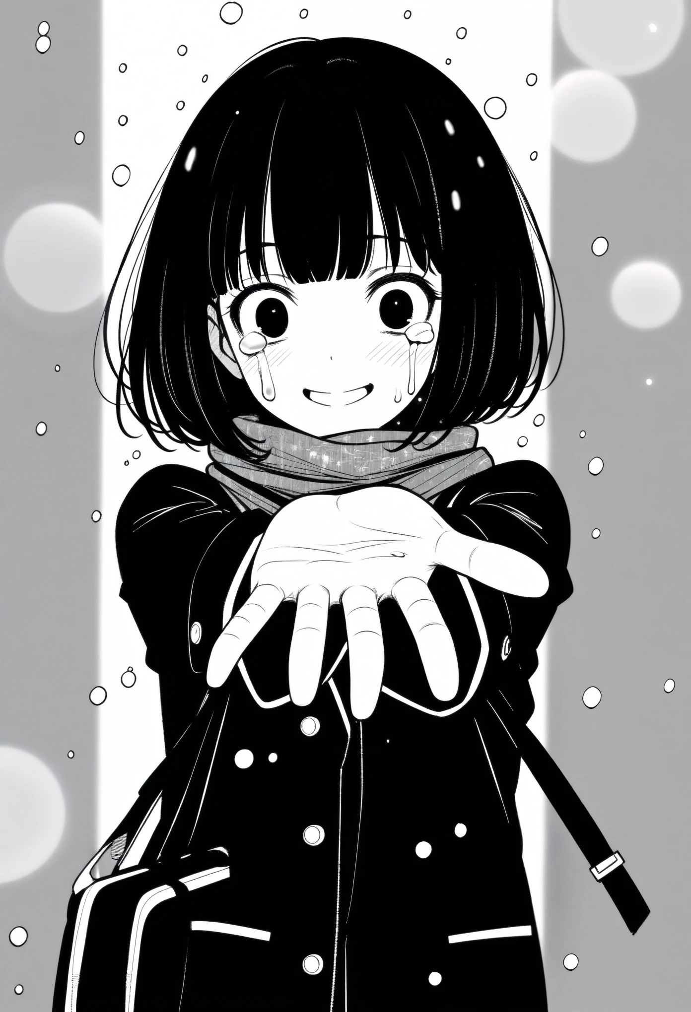 masterpiece, best quality, 1girl, mamerakkkkko, grayscale, manga style, japanese, chi no wadachi, black eyes, street, iced, black hair, schoolbag, smile, lineart, black coat, black scarf, black pleated skirt, leggins, centered, 18 years old, tall, fair skinned, bokeh background, crying, tears, tears streaming, bob cut, light particles, centered, snowing, (((reaching out a hand to viewer)))