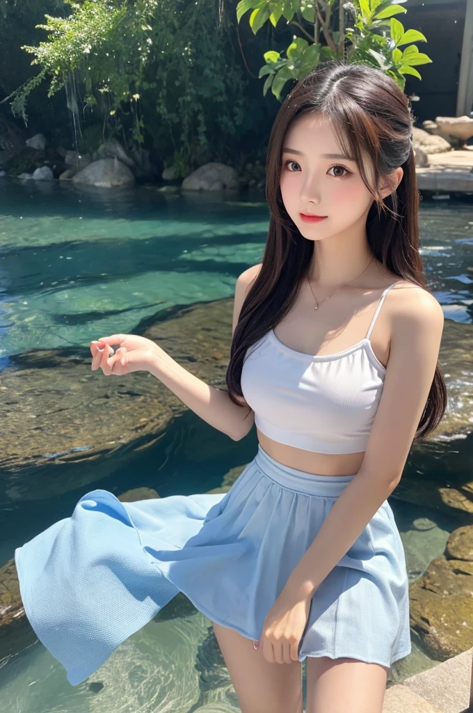 1 Girl, Clear water, Blue Butterfly, Pure white gauze skirt, Sparkling