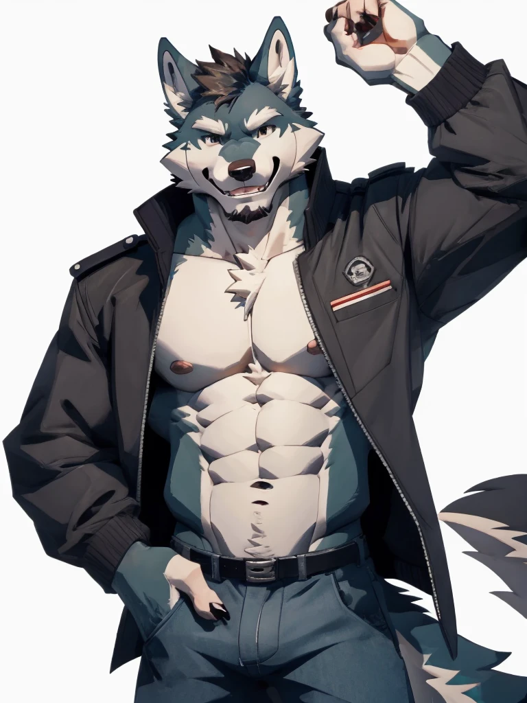 white background, Furry, wolf, male, muscular, wearing jacket, wearing, jeans, look at viewer, smiling