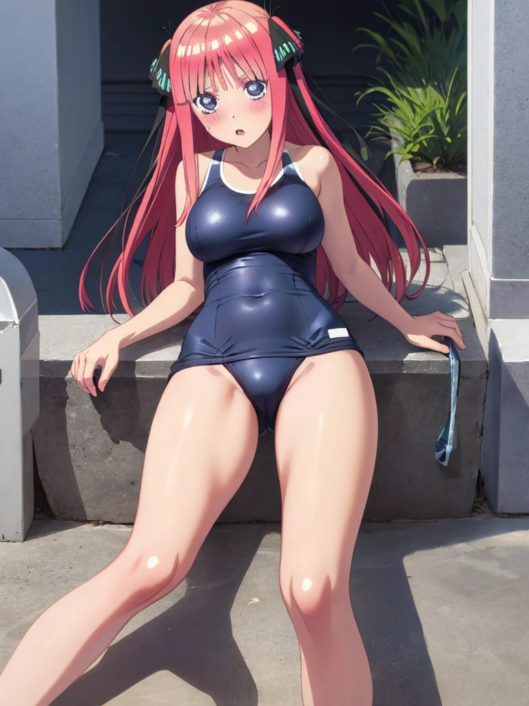 best quality, insanely detailed, nino nakano, one-piece swimsuit, breasts, blush,