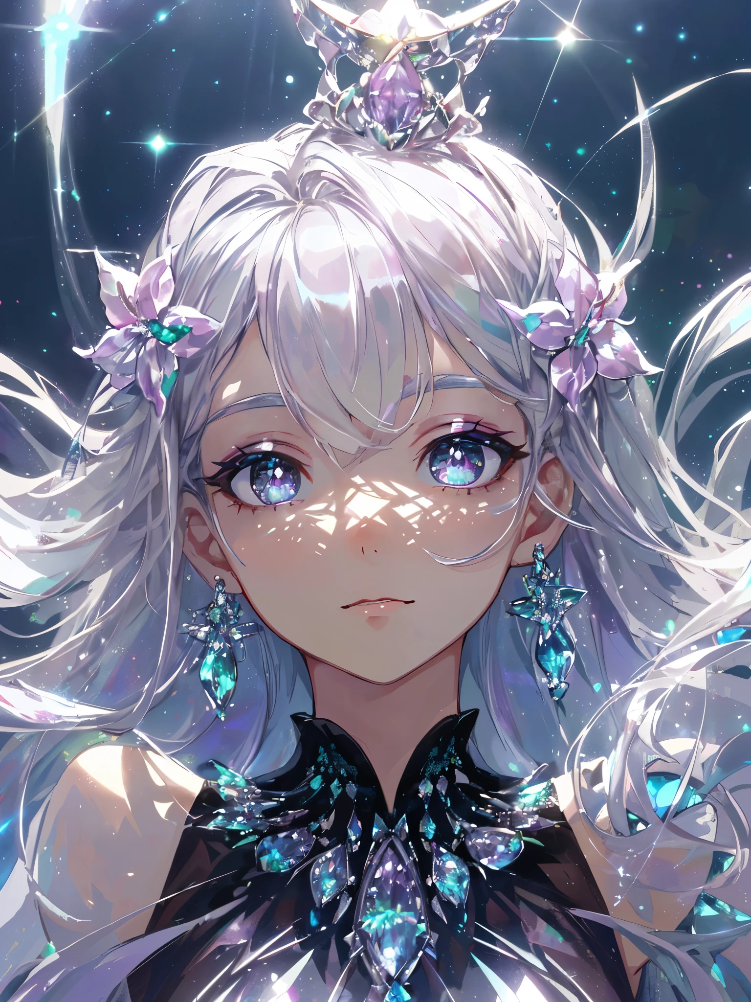 masterpiece, highest quality, figure, alexandrite eyes and hair, platinum earrings, Platinum Necklace, white dress, The Little Mermaid, cute, (dynamic lighting:1.2), cinematic lighting, delicate features, fine eyes, sharp pupils, realistic student, Depth of bounds written, Bokeh, sharp focus, (very detailed, bloom, shine:1.4), Many Small Gems, big tits