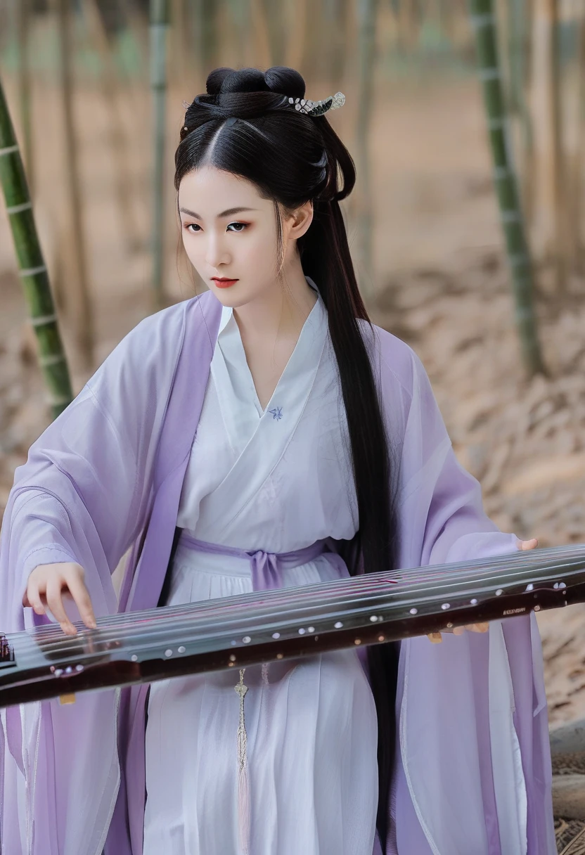 Inspired by Song Huizong,(purple),
She is playing the guzheng in the bamboo forest, which is a delicate image and a very quiet atmosphere
She is a guqin player, wearing traditional guqin robes predominantly in purple, symbolizing her elegance and artistic temperament.
She has a soft chin and gentle eyes, allowing makeup to highlight the chin and eyes, with purple as the primary color, symbolizing her elegance and artistic temperament.
Her style is elegant and full of artistic charm, so her artistic style can be exquisite, gentle, with a soft and light purple color palette.
(1girl), adult, Guofeng, Hanfu, mist, looking at viewer,long hair blown by the wind,  dusk, masterpiece,
analog film photo ethereal fantasy concept art of masterpiece, dynamic perspective, intricate details, wide angle, motion blur,long hair.