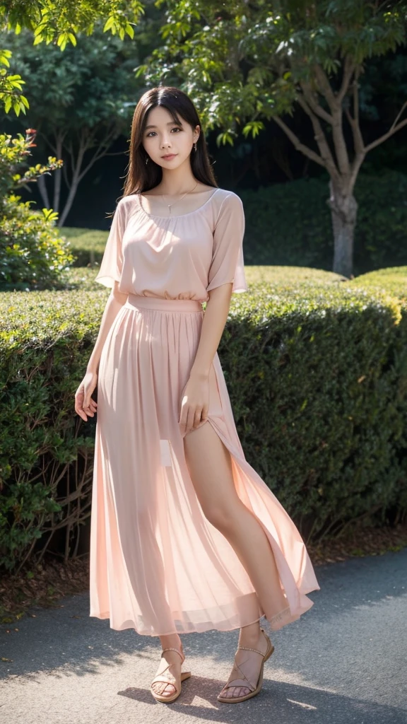 Salmon pink maxi skirt 、Sheer blouse、(Highest quality)、((Very detailed))、4K、(8K)、masterpiece、Very detailedな、Highest quality、Super Resolution、One person、Kind Face、Soft Light、RAW quality、Soft Skin、Sandals、163cm、squirt:2