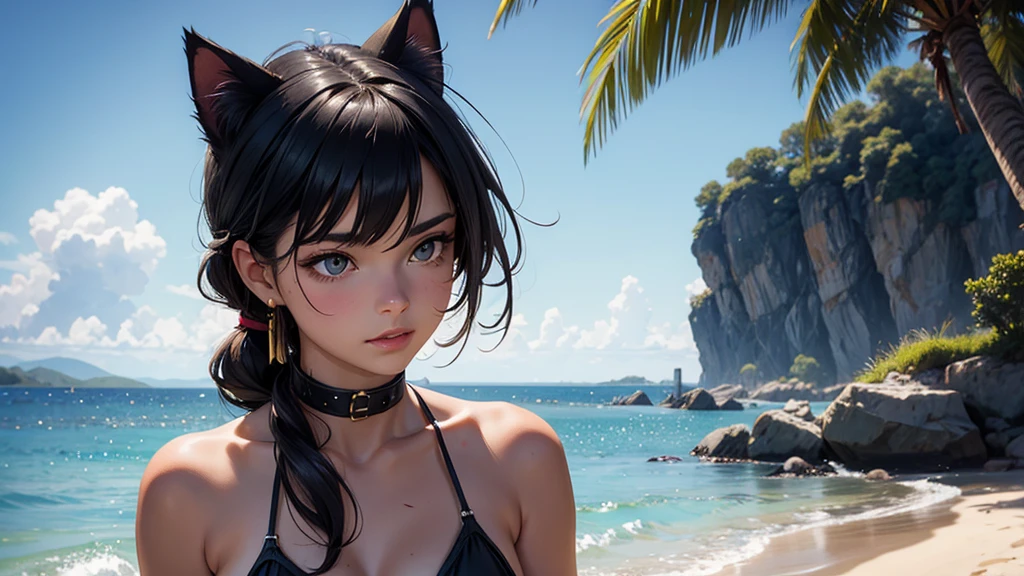 (high resolution, upper body, soft skin:1.2),(best illustration,masterpiece:1.2),ultra-detailed,[(cat ears , black inside:1.2, black ponytail hair, gold cat eyes),vivid colors,sharp focus, sunlight,bokeh, wearing a gold bikini, sunrise beach background, in the water