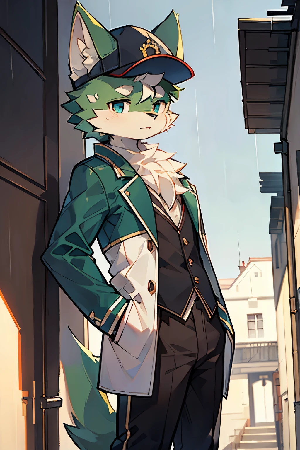 Exquisite lines,best quality。young,male,Light green fur,Wolf Orc,higher,Short white coat,Black pants,Blue cap,Reddish pupils,Background school corridor,Standing on the school corridor wall,daytime,rain