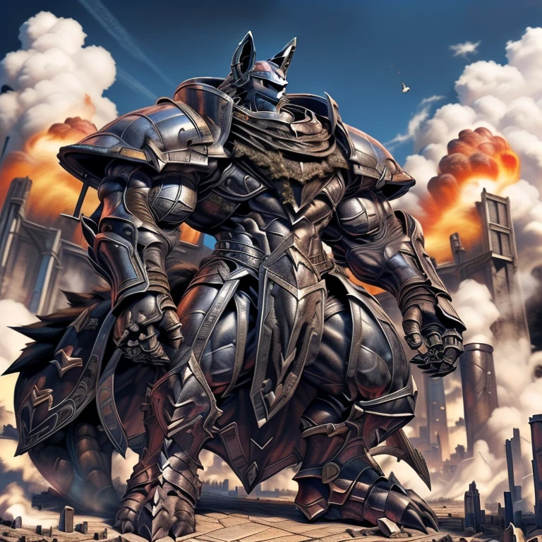 (solo. masterpiece. official art. 8k. best quality. detailed full body. full body.)
(situation 1 : dominating LUCARIO. LUCARIO is over 1000 meters long. focus GIANT mechanical Muscular LUCARIO is trampling the city. Looking down. macro. stomp. Low-angle perspective. emphasizing the immense size.)
(situation 2 :smoke and flames rising from the destruction in the city)
(Additional details 1: wearing a full-face helmet. high-tech bio-mecha armor. real texture material. whole body shines like metal. Wearing cyberpunk mecha. emphasizes the muscles. suit fully made of metal. intricate armor. Robotic suit. suit fully made of metal. cyborg. Powered exoskeleton with the same design as LUCARIO).
(Additional details 2: (Detailed head. Detailed Body. Detailed abs. gigantic muscles. HYPER MUSCLES. Gigachad Muscular. big muscle. pecs. triceps. traps. unusually developed muscular body. body full of huge muscles. showing off muscles. pectorales enormes. Exaggeratedly huge muscles. huge muscles. long legs.). He wears a black cloak on his back.
(Additional details 5: wearing a full-face helmet. a fantasy-style biomecha armored combat suit. composite layered chest armor, fully enclosed shoulder guards, hero in anime style, perfect body proportions, golden ratio)