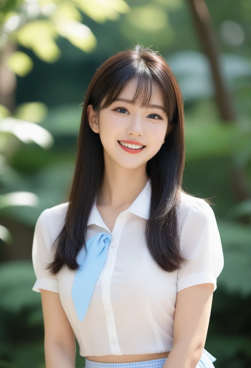 8K, Ultra-high resolution, Highest quality, masterpiece, 三分割法によるphotograph,Surreal, photograph, 1 girl, (16 years old:1.3), pretty girl, Cute face, Beautiful eyes in every detail, 細かくdetailedに,masterpiece,, One Girl:1.2, Japan Female Announcer,whole body、Black Hair、well-groomed eyebrows、Cute Lip Makeup,garden,squirt,summer,Sparkling sunlight,Blouse with collar,Pencil Skirt,Cute gestures、so beautiful,A carefree smile,Healing the heart,blunt bangs,Looking at the audience、beauty,Long neck、Laugh a little、Please close your mouth and laugh、(((Ideal body type))),A-cup small breasts :2,、Portraiture:2、Perfect Anatomy、鮮明なdetailed、detailed、Surreal、Light and shadow,Strong light