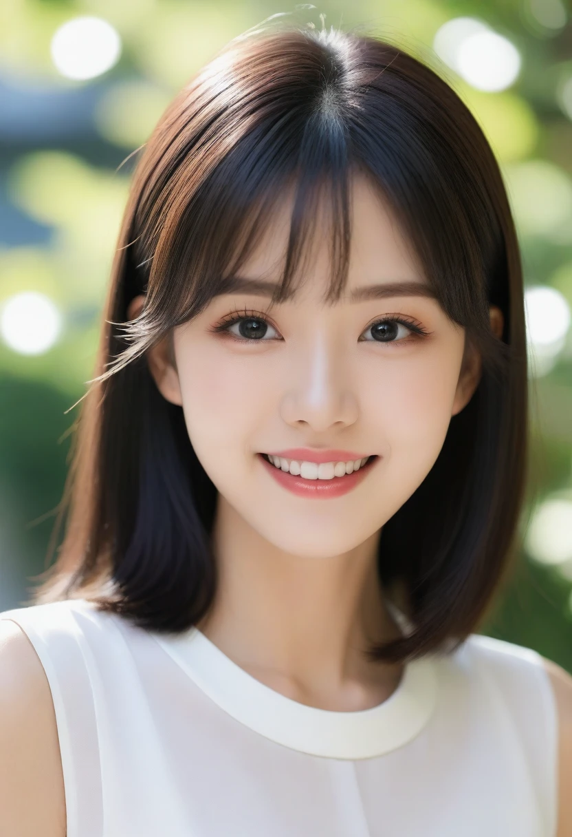 8K, Ultra-high resolution, Highest quality, masterpiece, 三分割法によるphotograph,Surreal, photograph, 1 girl, (16 years old:1.3), pretty girl, Cute face, Beautiful eyes in every detail, 細かくdetailedに,masterpiece,, One Girl:1.2, Japan Female Announcer,whole body、Black Hair、well-groomed eyebrows、Cute Lip Makeup,garden,squirt,summer,Sparkling sunlight,Blouse with collar,Pencil Skirt,Cute gestures、so beautiful,A carefree smile,Healing the heart,blunt bangs,Looking at the audience、beauty,Long neck、Laugh a little、Please close your mouth and laugh、(((Ideal body type))),A-cup small breasts :2,、Portraiture:2、Perfect Anatomy、鮮明なdetailed、detailed、Surreal、Light and shadow,Strong light