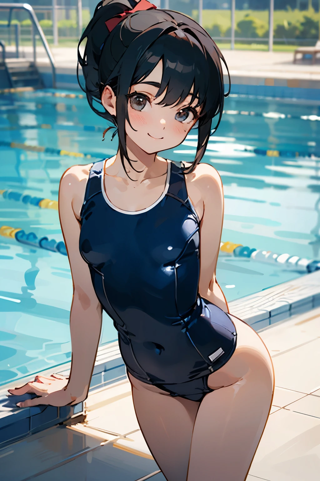NSFW、In the best quality、age girl standing in swimming pool。In high resolution、Beautiful details、Quiet atmosphere。Black hair ponytail、Cute Smile.。Small breasts、Cute School Swimsuit。