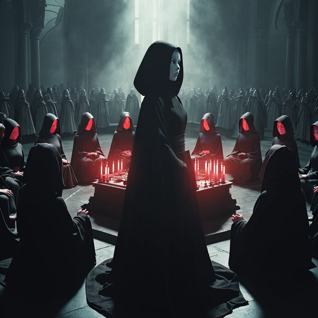 (very sharp result, cinematic desaturated photo) (((dramatic shading))), (((Best Quality))), (((masterpiece))) (((hyper realistic photo))) in starwars universe, gloomy sacred horror magical mood, dramatic backlight shadow, wide view of a sith temple, gothical room ambience, there`s many high priestess japanese girl in black cult hoodie, during a sacrifice ritual, pale skin, mysterious sinister bright red eyes sit at the centre of ritual altar, surrounded by high priestesses
