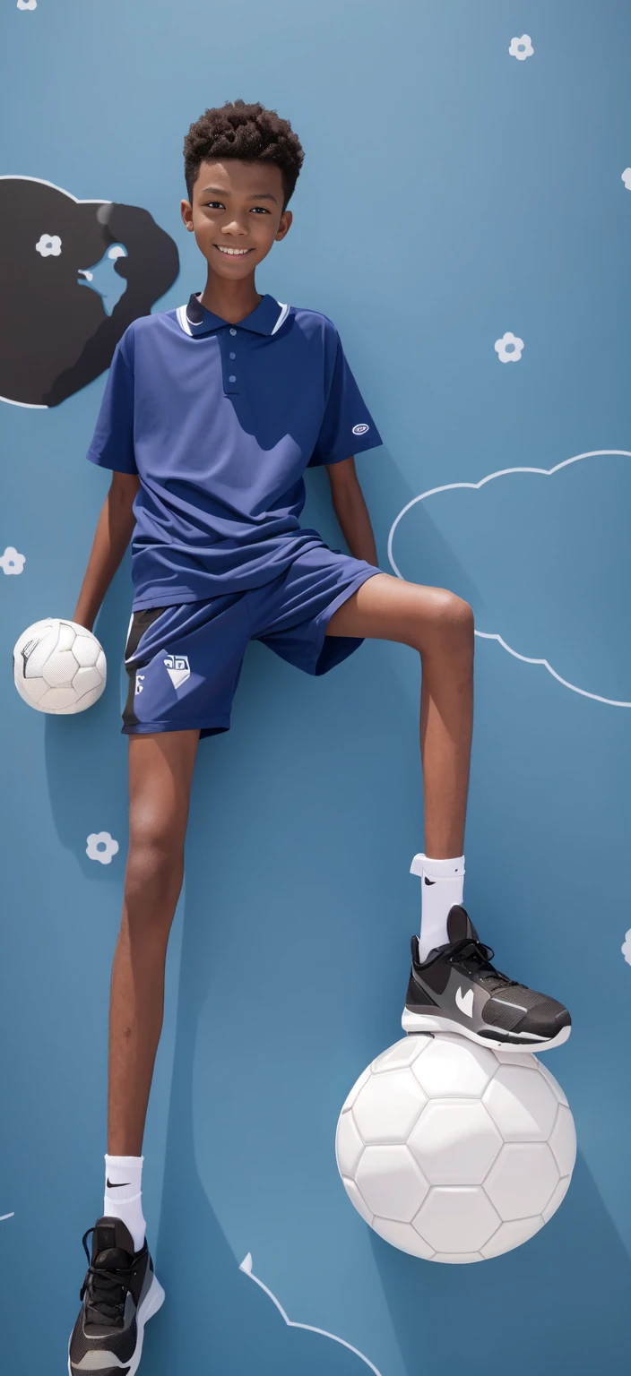 15-year-old boy，（Wearing white tennis clothes，Black socks on feet），Dark skin，Big round eyes，Very short hair，Tall and skinny，Toothy Smile，Sharpen details，Knee muscle lines，Blue Background