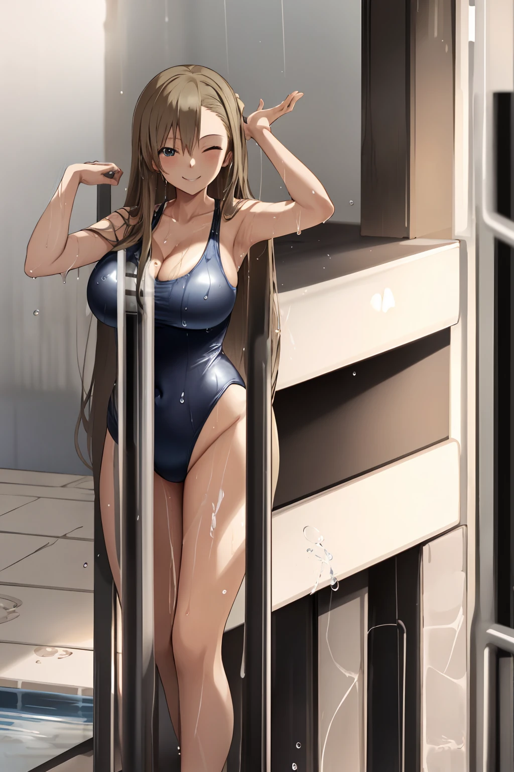 1girl, solo, asuna, long hair, large breasts, cleavage, thighs, (one piece swimsuit), erotic pose, smiling, detailed hands, swimming pool, (soaking wet:1.2)
