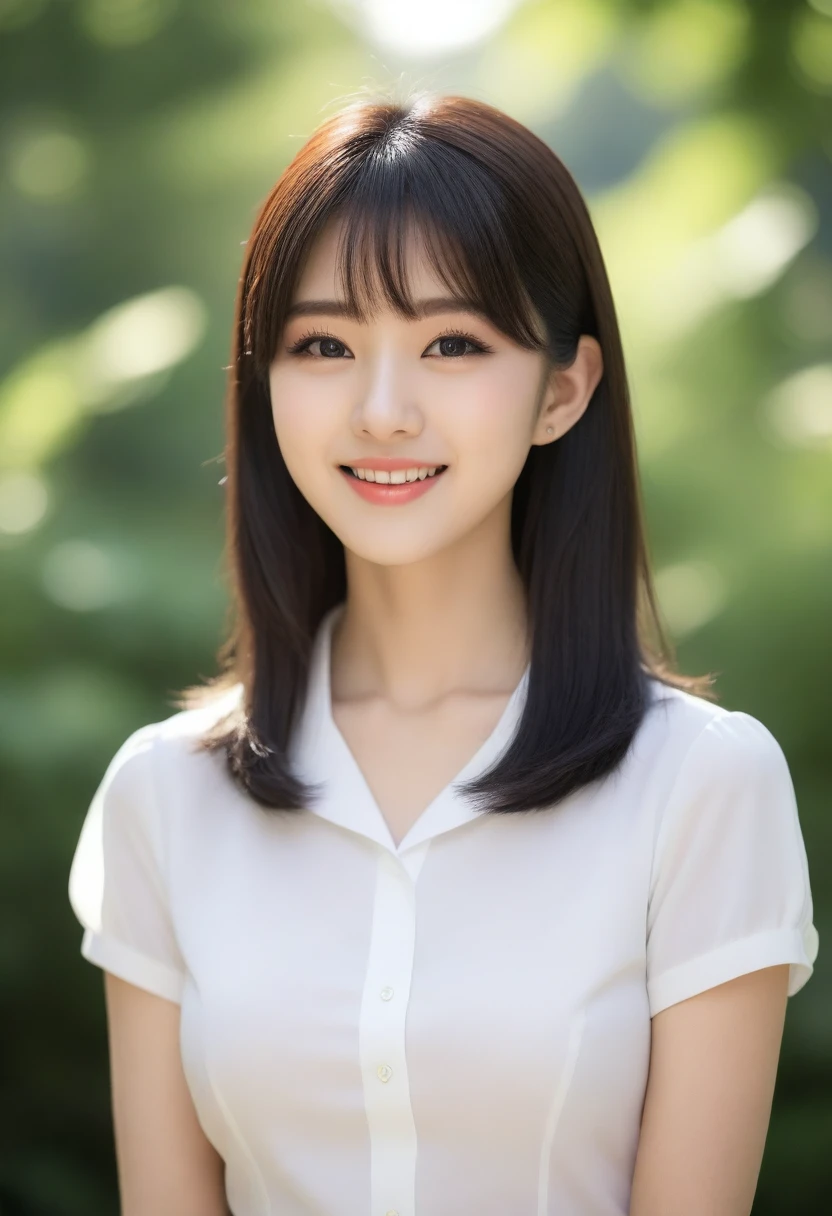 8K, Ultra-high resolution, Highest quality, masterpiece, 三分割法によるphotograph,Surreal, photograph, 1 girl, (:1.3), pretty girl, Cute face, Beautiful eyes in every detail, 細かくdetailedに,masterpiece,, One Girl:1.2, Japan Female Announcer,whole body、Black Hair、well-groomed eyebrows、Cute Lip Makeup,garden,squirt,summer,Sparkling sunlight,Blouse with collar,Pencil Skirt,Cute gestures、so beautiful,A carefree smile,Healing the heart,blunt bangs,Looking at the audience、beauty,Long neck、Laugh a little、Please close your mouth and laugh、(((Ideal body type))),A-cup small breasts :2,、Portraiture:2、Perfect Anatomy、鮮明なdetailed、detailed、Surreal、Light and shadow,Strong light