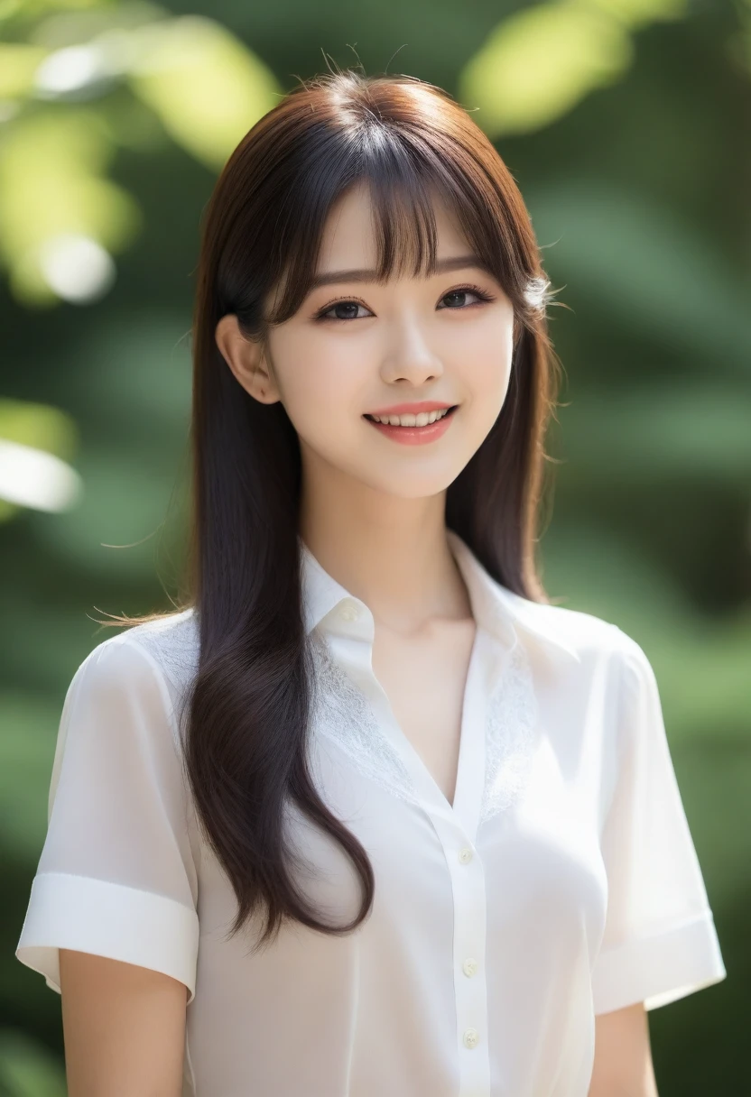 (1 female),beauty,Beautiful Face,smile,(dress shirt:1.4),A dignified appearance,Plump Style,(Saggy breasts:1.3)、(Peeking into this、Front view),Focus on the chest,Ultra-realistic,Ultra-high resolution,highest quality,8k,masterpiece,(random location)、The cutest Yoshioka Riho, (cleavage:1.3),(black mini skirt),( smile:0.8),(?????? stand:1.4)
