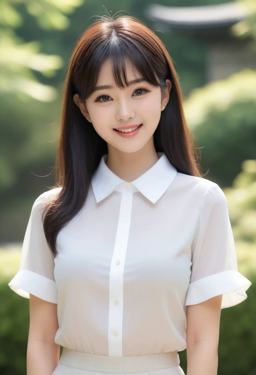 8K, Ultra-high resolution, Highest quality, masterpiece, 三分割法によるphotograph,Surreal, photograph, 1 girl, (:1.3), pretty girl, Cute face, Beautiful eyes in every detail, 細かくdetailedに,masterpiece,, One Girl:1.2, Japan Female Announcer,whole body、Black Hair、well-groomed eyebrows、Cute Lip Makeup,garden,squirt,summer,Sparkling sunlight,Blouse with collar,Pencil Skirt,Cute gestures、so beautiful,A carefree smile,Healing the heart,blunt bangs,Looking at the audience、beauty,Long neck、Laugh a little、Please close your mouth and laugh、(((Ideal body type))),A-cup small breasts :2,、Portraiture:2、Perfect Anatomy、鮮明なdetailed、detailed、Surreal、Light and shadow,Strong light