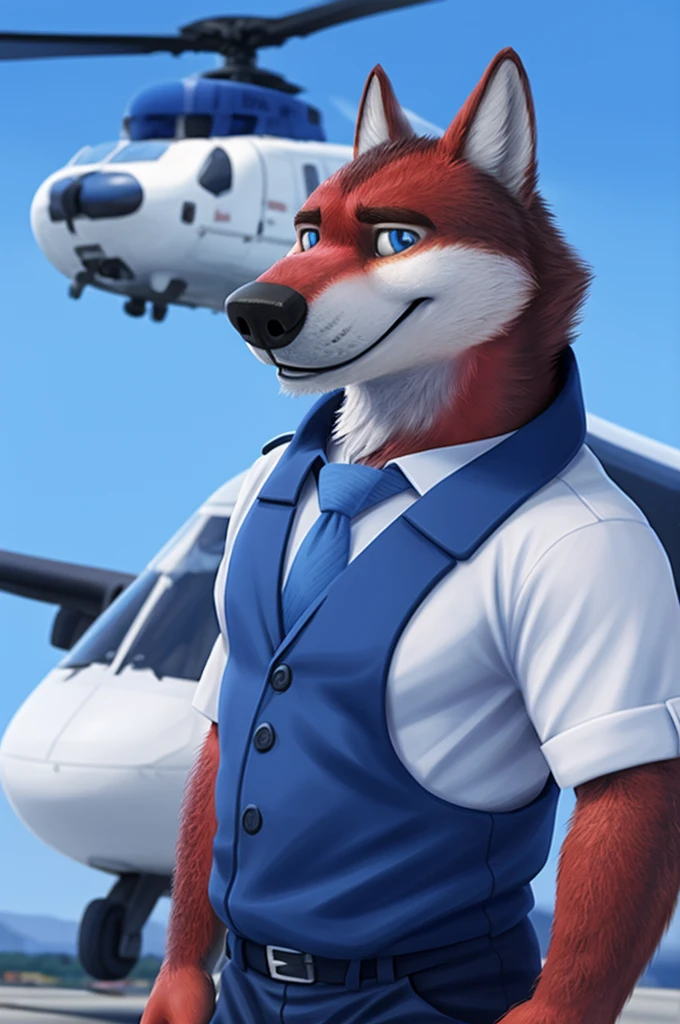 Ivan Fedorovich Wolfbach (Novosibirsk) ,высокий Beautiful, wolf,young, 24 years, brown fur,Kind,(red body:1.3),beautiful blue eyes,Novosibirsk,dressed,civil aviation pilot uniform,White shirt,epaulets командира, черный tie, trousers,airline pilot, commander's cap, trousers,canine, wolf, detailed fur, male, second, paw pads, finger claws,At the viewer, 5 fingers, paws, 5 fingers, smile, wrist watch, т nextel,by xenoforge, (difficult, high detail, digital photography, soft focus, RAW,goes for a walk, ,Very close to the camera,airport,Novosibirsk, smile, good mood, positive, Very close to the camera, plaid shirt, At the hairdresser, without hair, epaulets captain,
Photorealism, realistic, photorealistic, digital style, Subsurface scattering,I look at the viewer,стоит White shirt, epaulets, Strips, captain, trousers, tie, nearby by helicopter, Mi-8,smile, teeth, Beautiful,close to the camera, epaulets погоны captain,
masterpiece, Best quality, ultra realistic, 8 thousand.)