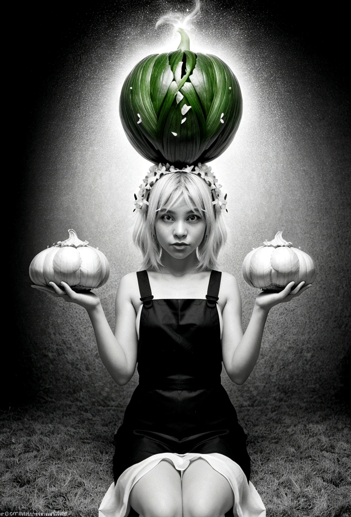 catching big magical garlic. The image should be colorful and high-contrast, The overall composition should be clear and legible even in small format, with a balanced layout. Ensure all elements blend harmoniously to create a cohesive and attractive image.
