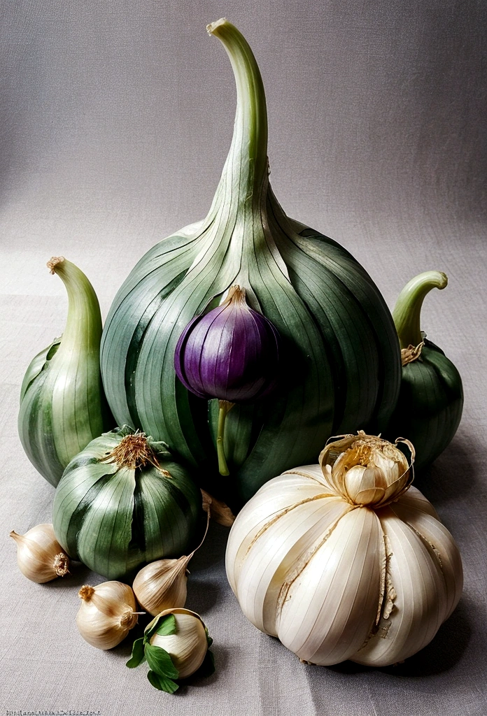 catching big magical garlic. The image should be colorful and high-contrast, The overall composition should be clear and legible even in small format, with a balanced layout. Ensure all elements blend harmoniously to create a cohesive and attractive image.