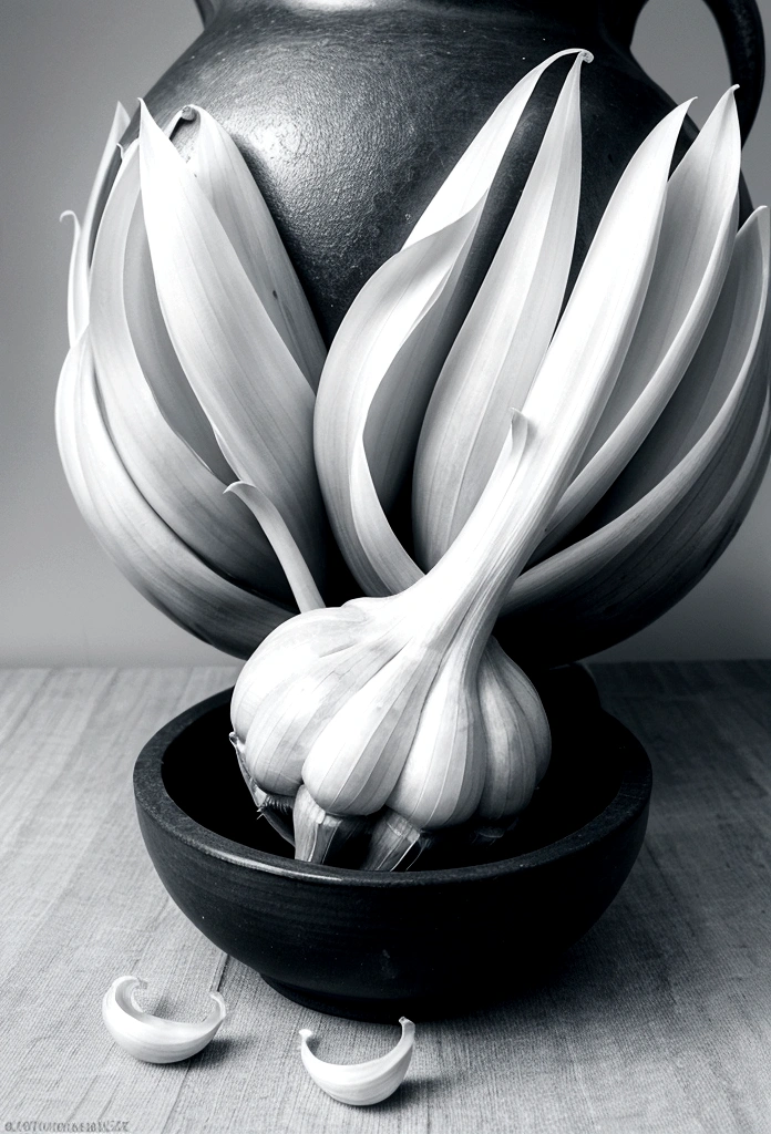 catching big magical garlic. The image should be colorful and high-contrast, The overall composition should be clear and legible even in small format, with a balanced layout. Ensure all elements blend harmoniously to create a cohesive and attractive image.