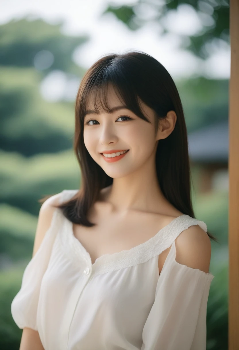 8K, Ultra-high resolution, Highest quality, masterpiece, 三分割法によるphotograph,Surreal, photograph, 1 girl, (:1.3), pretty girl, Cute face, Beautiful eyes in every detail, 細かくdetailedに,masterpiece,, One Girl:1.2, Japan Female Announcer,whole body、Black Hair、well-groomed eyebrows、Cute Lip Makeup,garden,squirt,summer,Sparkling sunlight,Blouse with collar,Pencil Skirt,Cute gestures、so beautiful,A carefree smile,Healing the heart,blunt bangs,Looking at the audience、beauty,Long neck、Laugh a little、Please close your mouth and laugh、(((Ideal body type))),A-cup small breasts :2,、Portraiture:2、Perfect Anatomy、鮮明なdetailed、detailed、Surreal、Light and shadow,Strong light