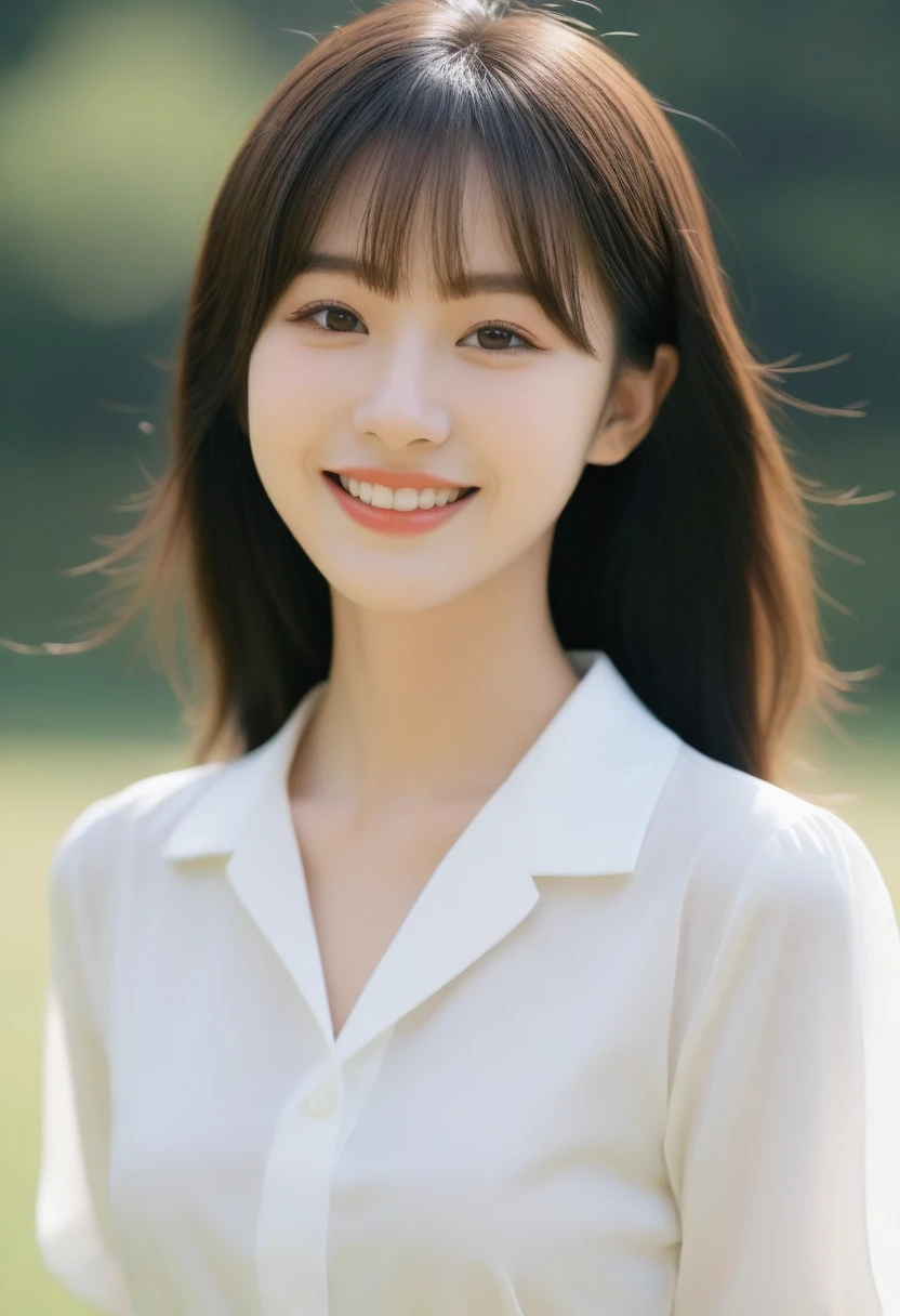 8K, Ultra-high resolution, Highest quality, masterpiece, 三分割法によるphotograph,Surreal, photograph, 1 girl, (:1.3), pretty girl, Cute face, Beautiful eyes in every detail, 細かくdetailedに,masterpiece,, One Girl:1.2, Japan Female Announcer,whole body、Black Hair、well-groomed eyebrows、Cute Lip Makeup,garden,squirt,summer,Sparkling sunlight,Blouse with collar,Pencil Skirt,Cute gestures、so beautiful,A carefree smile,Healing the heart,blunt bangs,Looking at the audience、beauty,Long neck、Laugh a little、Please close your mouth and laugh、(((Ideal body type))),A-cup small breasts :2,、Portraiture:2、Perfect Anatomy、鮮明なdetailed、detailed、Surreal、Light and shadow,Strong light