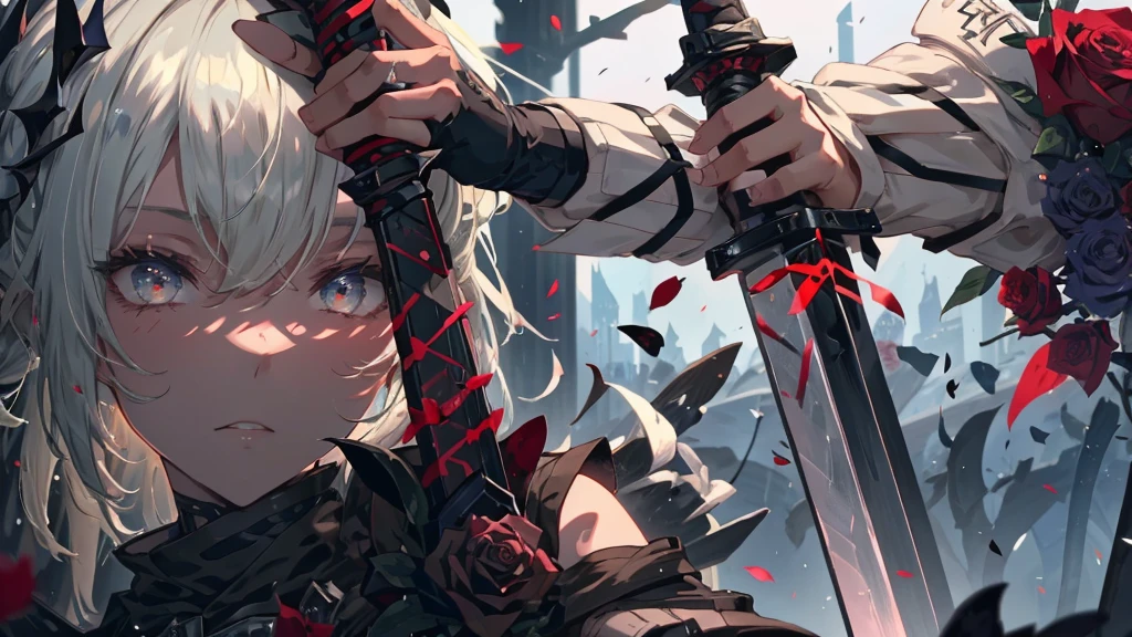 Close-up of a person holding a sword and a rose, From Arknights, A wicked Valentine's, Automated Kidney, White and red armor, Shadowverse Style, trending on artstation Pixiv, Kschaert Krentz Key Art Feminine, 8k high quality detailed art, Pixiv 3dcg, Pixiv, Gothic Maiden Anime Girl