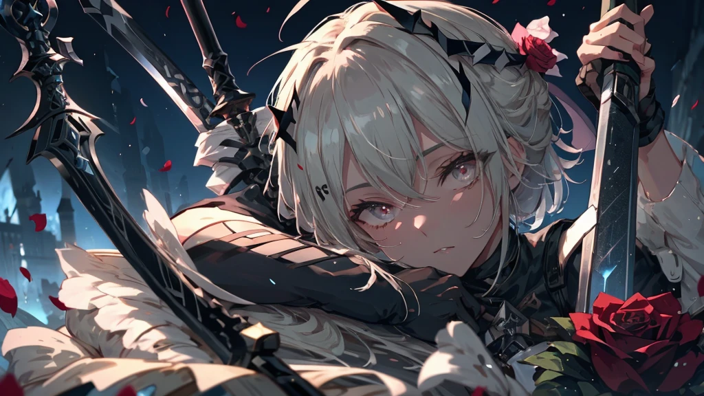 Close-up of a person holding a sword and a rose, From Arknights, A wicked Valentine's, Automated Kidney, White and red armor, Shadowverse Style, trending on artstation Pixiv, Kschaert Krentz Key Art Feminine, 8k high quality detailed art, Pixiv 3dcg, Pixiv, Gothic Maiden Anime Girl