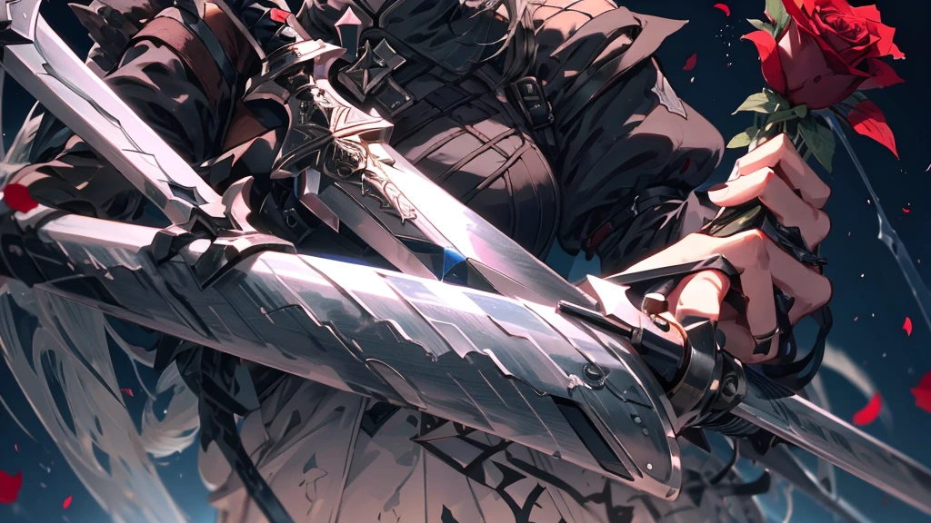 Close-up of a person holding a sword and a rose, From Arknights, A wicked Valentine's, Automated Kidney, White and red armor, Shadowverse Style, trending on artstation Pixiv, Kschaert Krentz Key Art Feminine, 8k high quality detailed art, Pixiv 3dcg, Pixiv, Gothic Maiden Anime Girl