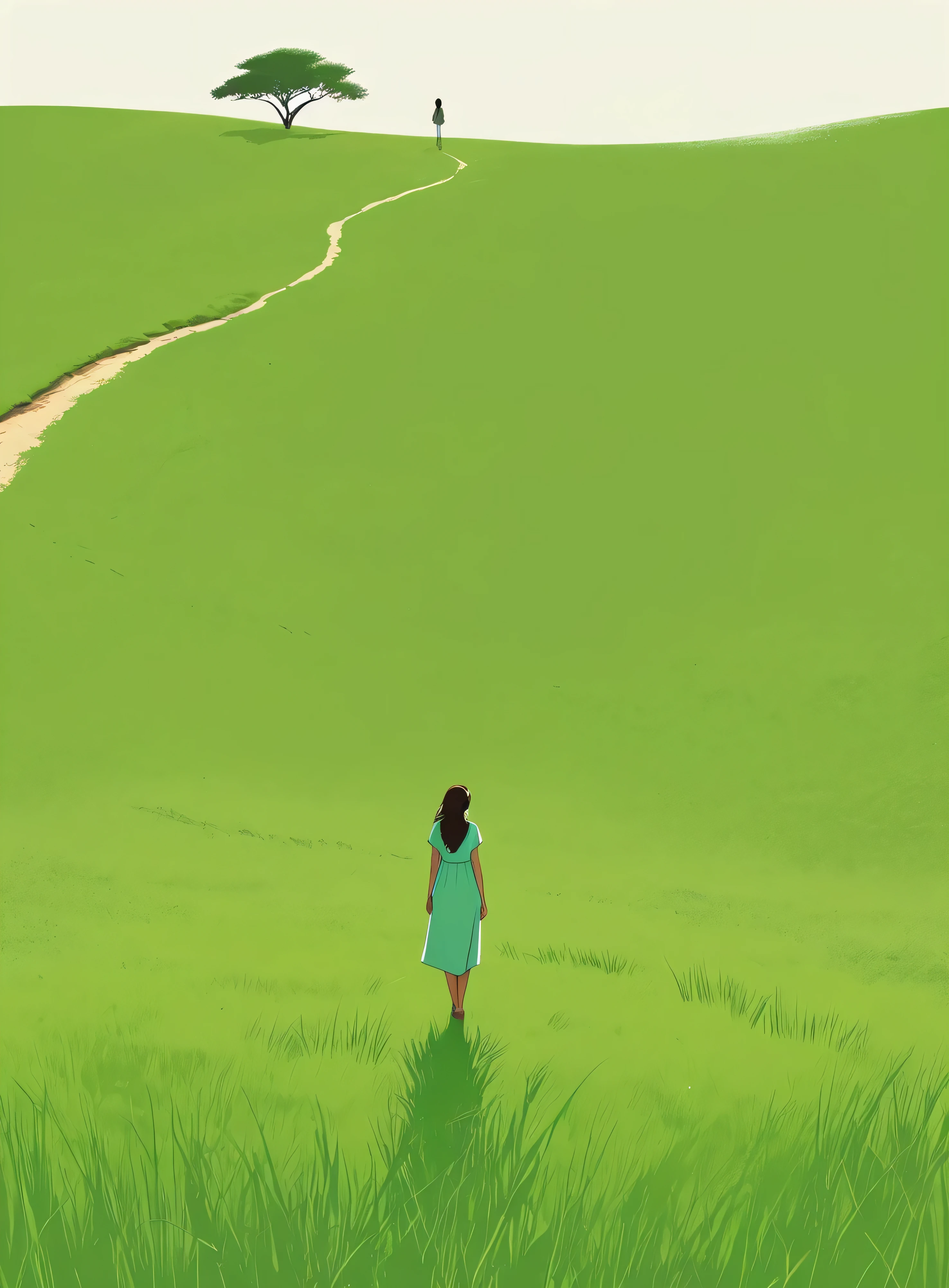 Minimalist Journey,solitary, green grassland,1 girl looking up at the sky, Minimalism, In the savannah, illustration.
