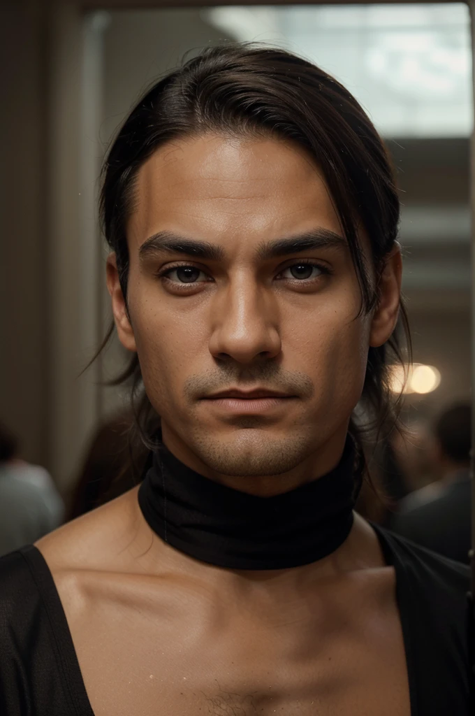 photograph of a man, (disturbed facial expression), texturized skin, tanned man, layered straight hair, medium-sized on top and neatly trimmed on the sides, combed back , no hairline retraction, dark brown with a tendency to black, lightly combed back, no splits or receding hairline. Has light blue eyes with a grayish tone, with a well-defined neck and face, as well as a very strong and defined chin, Well-Shaved, with well-groomed eyebrows and a narrow nose, all black suit with red tie , empty casino full of tables in the background, perfects eyes, eyes browns (lamp post light,Bright dark), Support 160 colors, Shot on ARRI ALEXA 65, bokeh, sharp focus on the subject, filmed by Don McCullin