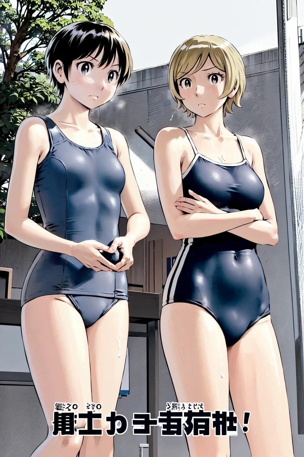 Blue school swimsuit、(masterpiece、Highest quality)、Highest quality, Ultra-high resolution, (((masterpiece))), alone, Sweat、Big eyes, Composition from the front、Shortcuts、Embarrassed face、Blonde、Cut your hair short、School swimming pool、short hair、Pussy Line、Browsing Caution、Butt