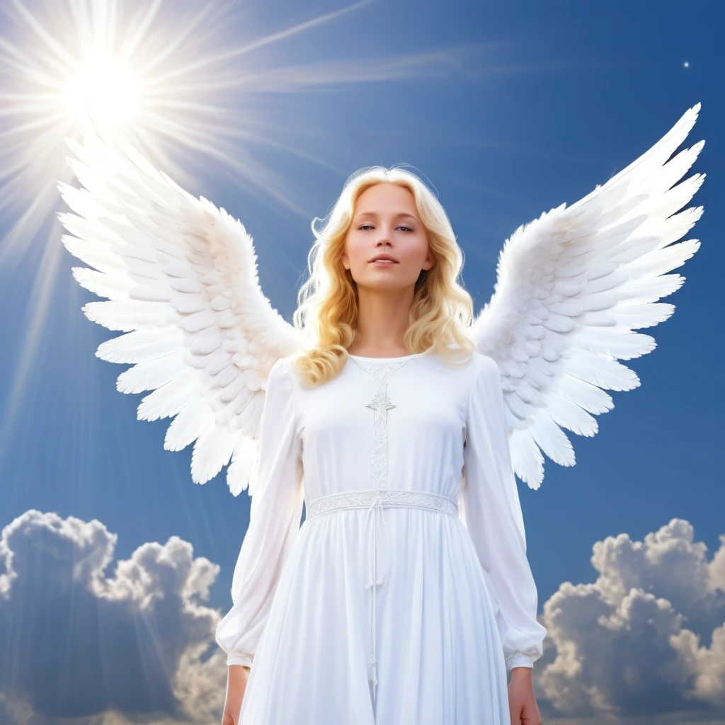 The angei's body glowed with a charming light in the sky, blonde female angel, Religious symbolism, Occult Iconography
