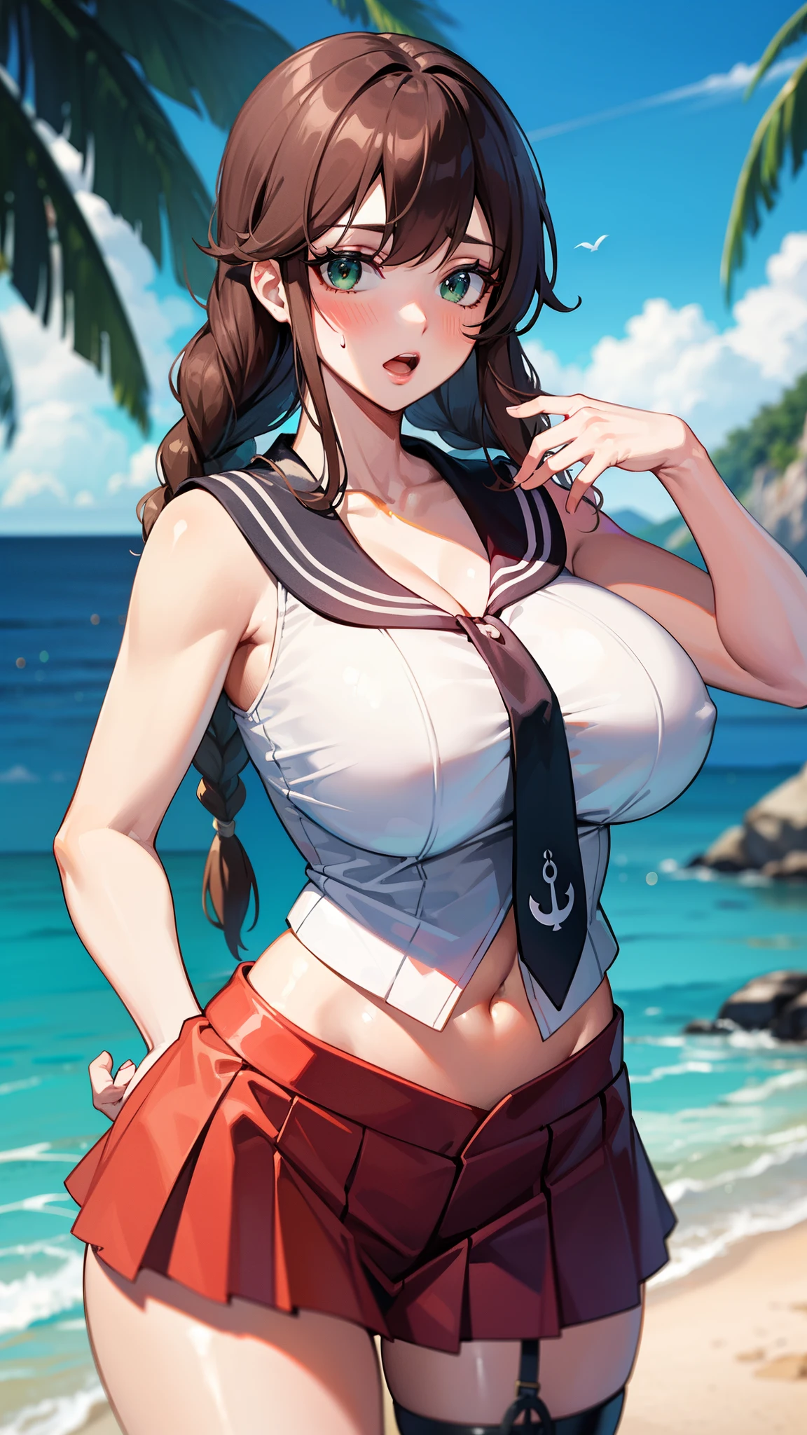 ,Open mouth, large breasts,wide hips,,twin braids,brown hair,long hair,blush,,standing,cowboy shot,beach,navel,single thighhigh,sleeveless,red skirt,black necktie,white groves,white shirt,black sailor collar,Bright glossy screen,,black hair,,open mouth, ,,huge breasts,,narrow waist,navel , eyelashes, eyeshadow, lips,, 8k, hdr, raytracing,