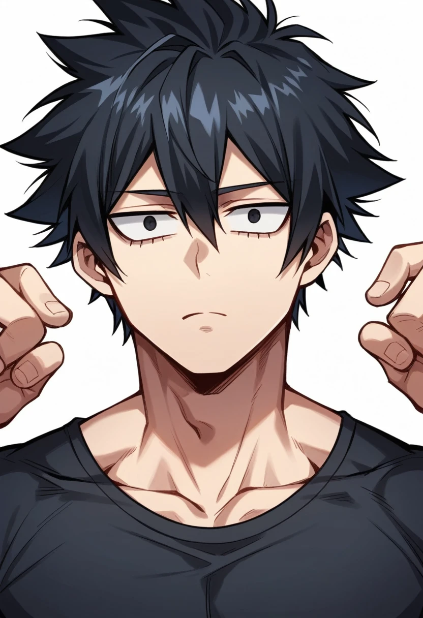 A highschool boy, handsome, perfect body, black hair, mid hair, mullet, black eyes, expressionless, black shirt, anime, first-person view, My Hero Academia art style, masterpiece, anatomically correct, high details, highres, best quality, super detail, 1080P
