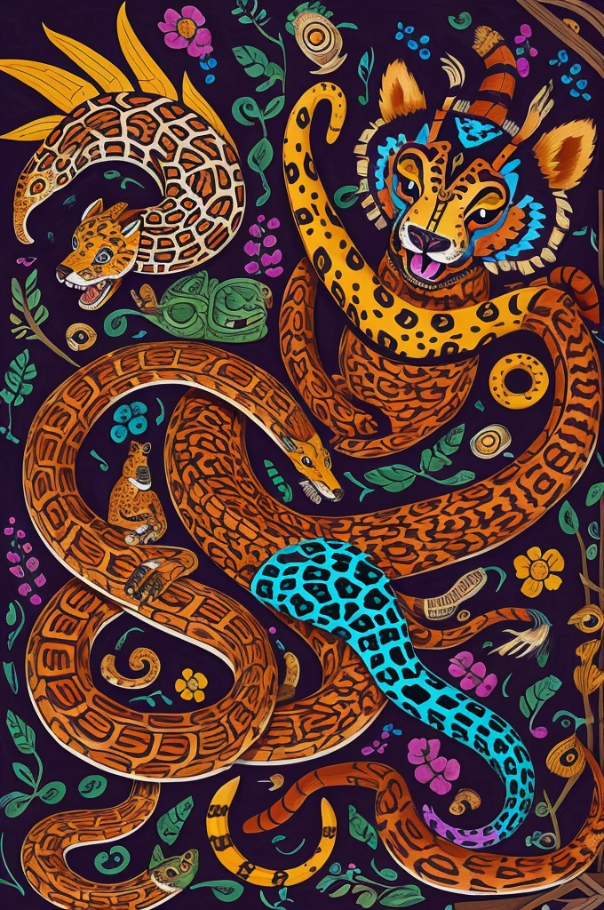 An alebrije with parts of a bear.,jaguar, snake and scorpion