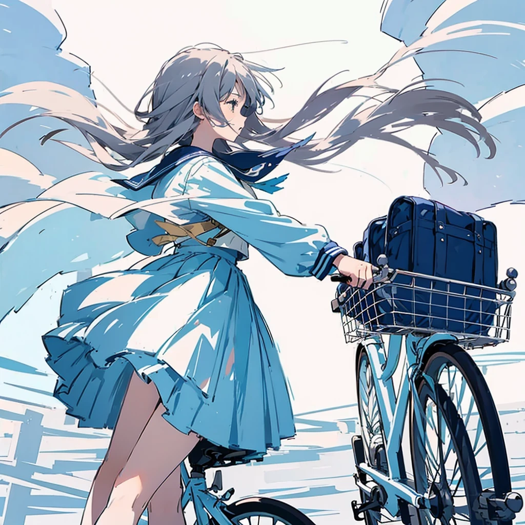 Simple Background、Riding a white bike、Sailor suit、Girl、profile、Hair blowing in the wind、