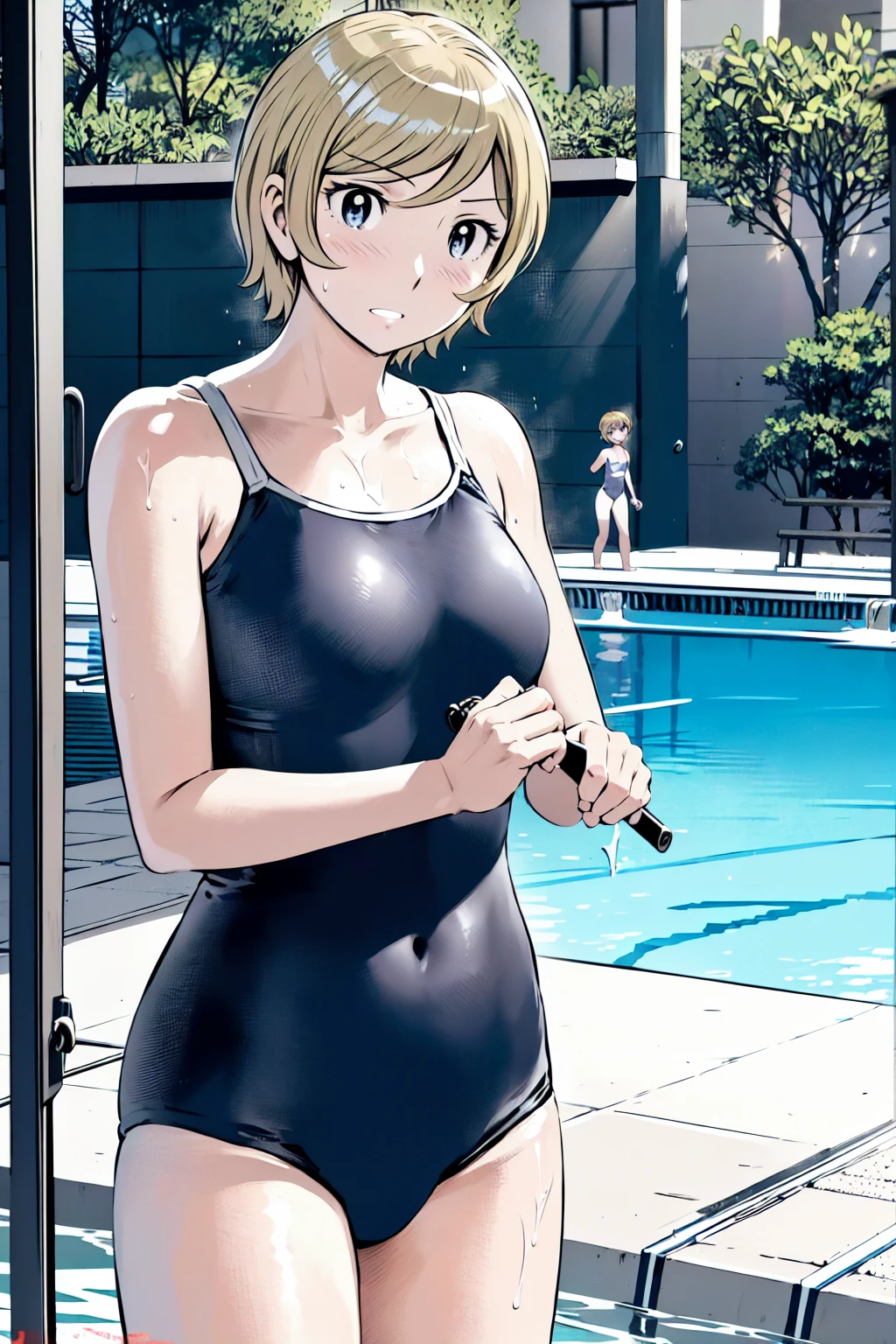 Blue school swimsuit、(masterpiece、Highest quality)、Highest quality, Ultra-high resolution, (((masterpiece))), alone, Sweat、Big eyes, Composition from the front、Shortcuts、Embarrassed face、Blonde、Cut your hair short、School swimming pool、short hair、Pussy Line、Browsing Caution、Butt