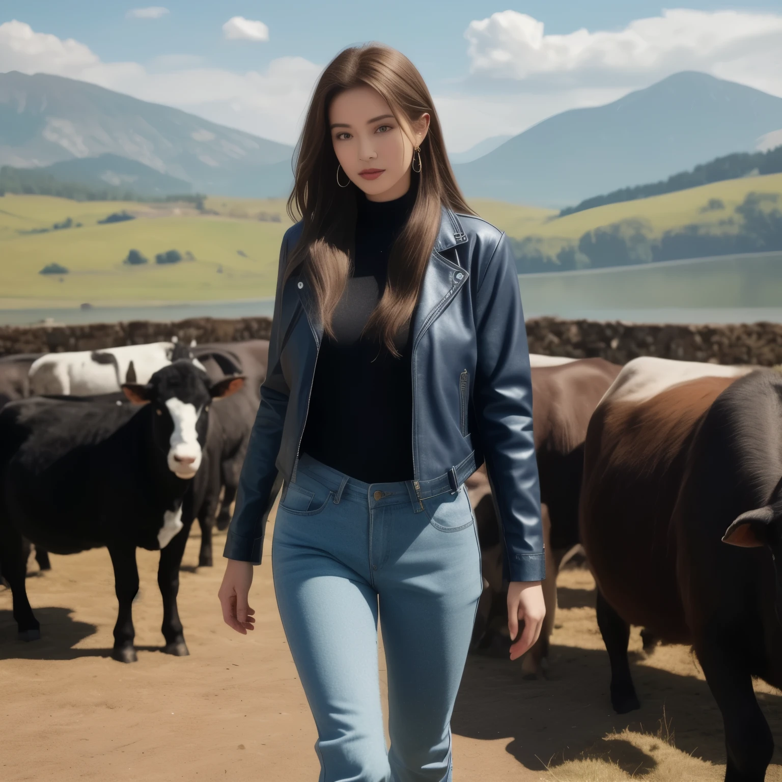 A woman in a red shirt and jeans stands in front of a herd of cows., Wear farm clothes, cow girl, Song Hye-Kyo, crystal, Wear a dark shirt and jeans., standing in the grass, Korean female fashion model, standing in the grass, In the countryside, Japanese Farmer, Bae Suzy, On the farm, cowgirl, Lulu Chen