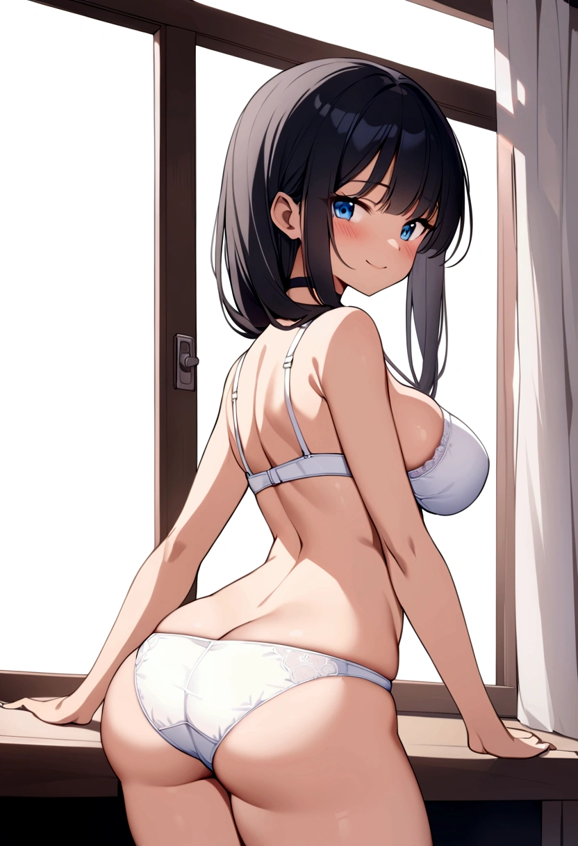 slender, mature female,ass, 1girl, underwear, bra, breasts, panties, solo, black_hair, smile, white_panties, looking_at_viewer, blue_eyes, white_bra, blush, looking_back, indoors, underwear_only, thighs, rating:safe, bare_shoulders, closed_mouth, large_breasts, long_hair, standing, bangs, from_behind, back, cowboy_shot, medium_breasts, rating:questionable, bare_arms, eyebrows_visible_through_hair, choker, tanline, window, sidelocks, tan, skindentation