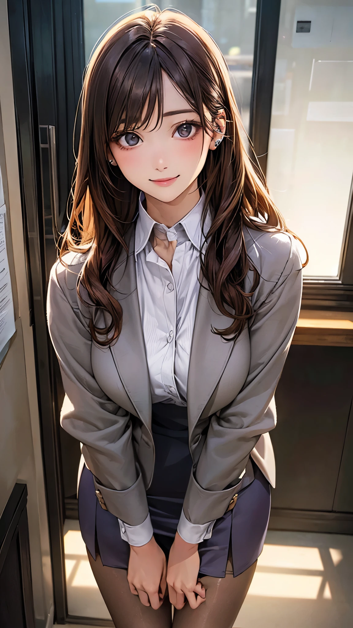 (masterpiece:1.2, top-quality), (realistic, photorealistic:1.4), beautiful illustration, (natural side lighting, movie lighting),
looking at viewer, (breast focus), (from above:1.1), close up, 1 woman, japanese, 22 years old, high school teacher, perfect face, cute and symmetrical face, shiny skin, babyface,
(long hair, half updo, dark, sidelocks. brown hair), swept bangs, marron eyes, (middle breasts, seductive thighs, big ass), piercings,
beautiful hair, beautiful face, beautiful detailed eyes, beautiful clavicle, beautiful body, beautiful chest, beautiful thigh, beautiful legs, beautiful fingers,
((grey jacket, close jacket, grey tight skirt, white collared shirt), brown pantyhose), purple neck ribbon,
(beautiful scenery), summer, evening, (office:1.2), standing, leaning forward, (lovely smile, upper eyes),