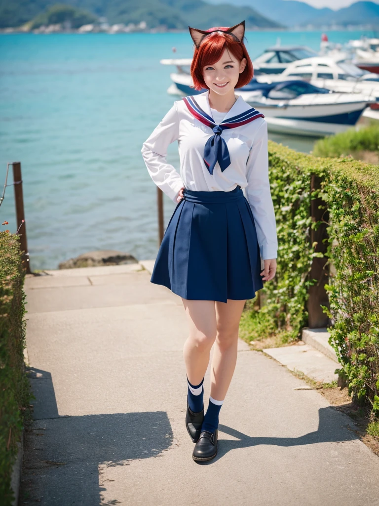 Highest quality,High resolution,1People Girl,whole body,fine,smile,looking at the camera,short hair,Crimson hair,Blue eyes,Sailor suit,beautiful girl,Cat ears on the head,Cat tail on waist,smile,be happy,Landscape,walk,